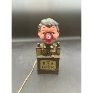 50s Vintage THE BAR IS OPEN Bartender Red Nose Lamp Japan Redware 8.5”